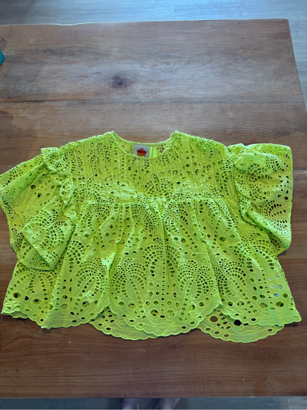 FARM Rio Lime Green Eyelet Ruffle Puff Sleeve Top XS